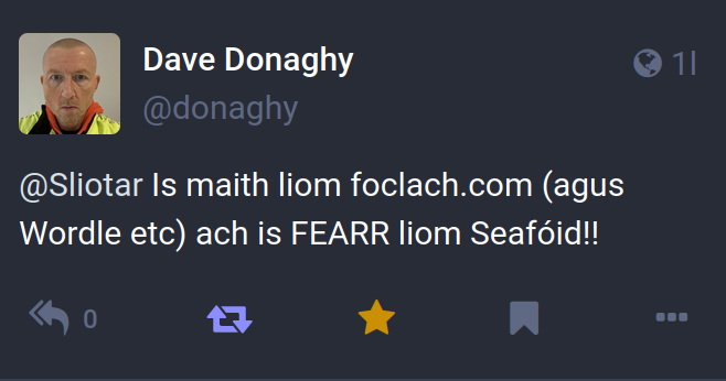 Dave Donaghy: Is maith liom foclach.com (agus Wordle etc) ach is FEARR liom Seafóid!!
